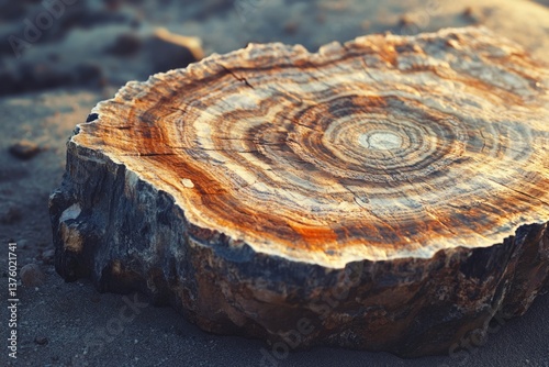 A fossilized tree stump with concentric rings, showcasing natural patterns and earthy tones on a sandy ground.