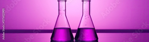 Purple liquid in Erlenmeyer flasks on purple surface. Science lab experiment