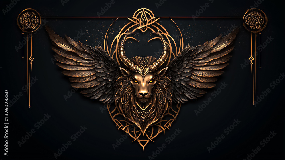 Obraz premium Winged ram with elaborate detailing and ornate design against dark background. Focus on mythical imagery creates fantasy atmosphere. Concept for art, design, mythology