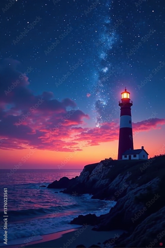 Fototapeta premium Twilight sky, stars, solitary lighthouse beam , starry night, rock, sea