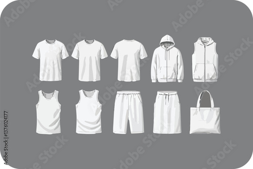Collection of White Apparel: T-Shirts, Hoodies, Tank Tops, Shorts, and Tote Bag for Casual and Sporty Styles