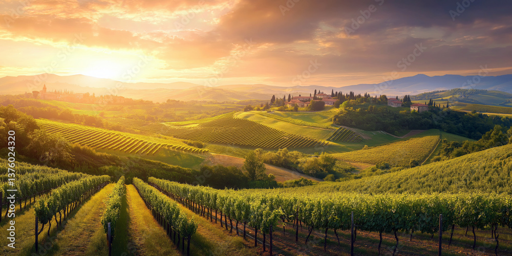 Naklejka premium A panoramic view of a picturesque vineyard at golden hour, rolling hills covered in grapevines.