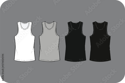 Four Racerback Tank Tops Mockup: White, Light Gray, Dark Gray, Black, Front View, Isolated on Gray Background for Apparel Presentation.