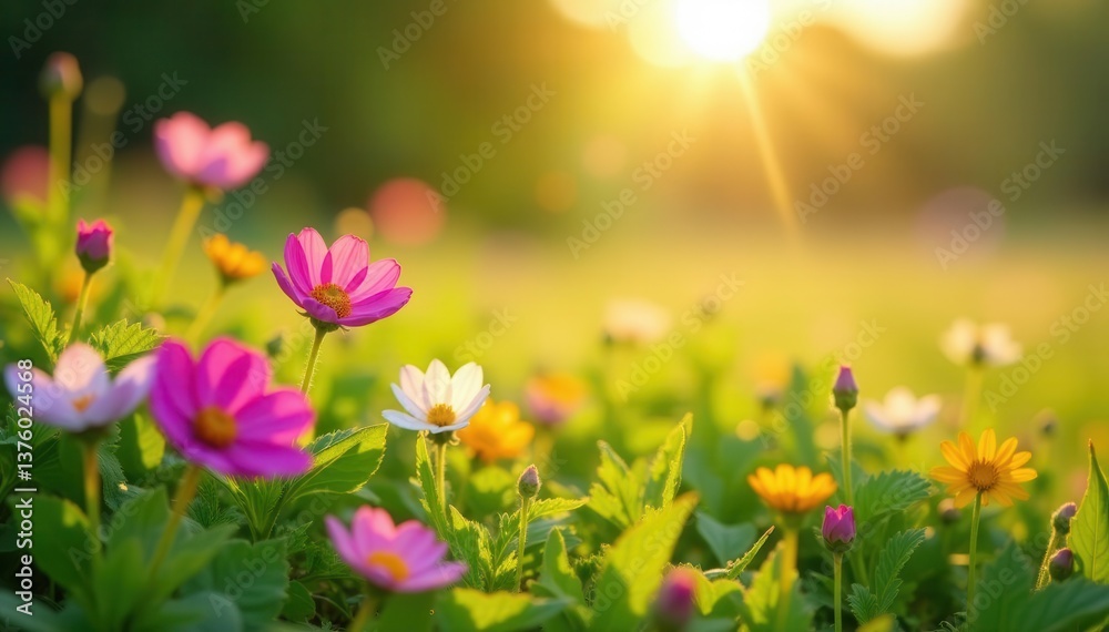 Fototapeta premium Vibrant wildflowers bathed in sunlight, meadow scene, nature, green