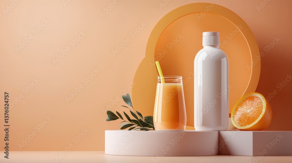 A refreshing orange juice drink in a glass with a straw sits beside a blank white bottle on a minimalist peach-colored studio backdrop. A refreshing orange juice drink in a glass with a straw sits beside a blank white bottle on a minimalist peach-colored studio backdrop.