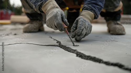 A construction worker sealing cracks in concrete at a job site. Featuring precision and detail