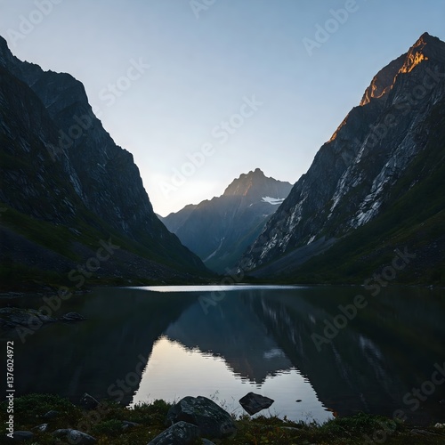 A serene landscape photograph capturing the stillness of a mountain lake reflecting the surrounding peaks at dawn.