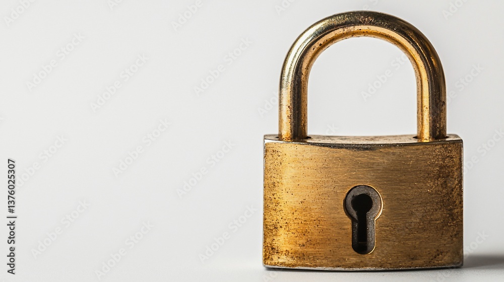 Naklejka premium Vintage Brass Padlock Isolated on White Backdrop for Security Concept
