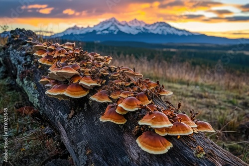Log covered in bracket fungi with a stunning mountain sunset backdrop creates a captivating natural scene. photo