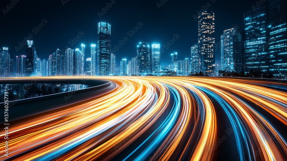 Fototapeta premium Night cityscape with vibrant light trails of cars on a curved highway, showcasing modern architecture and dynamic urban energy.
