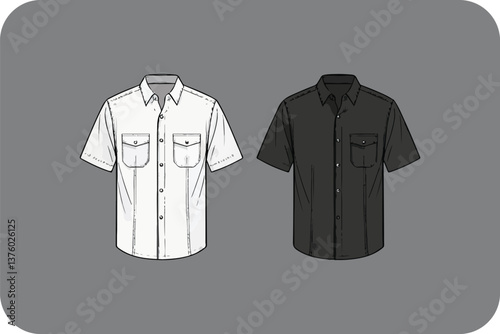 Two Short Sleeve Shirts Mockup: White & Black, Front View, Isolated on Gray Background for Apparel Design Presentation.