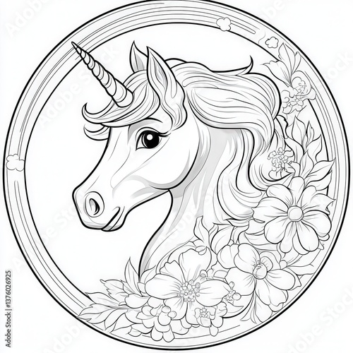Black and white unicorn head with flowing mane surrounded by flowers in circular design.