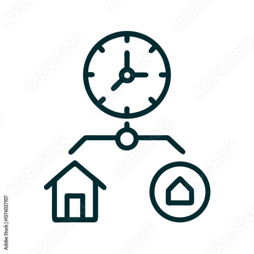 Clock with home icons for remote work visuals, work-life balance content, time tracking tools, and smart home scheduling apps