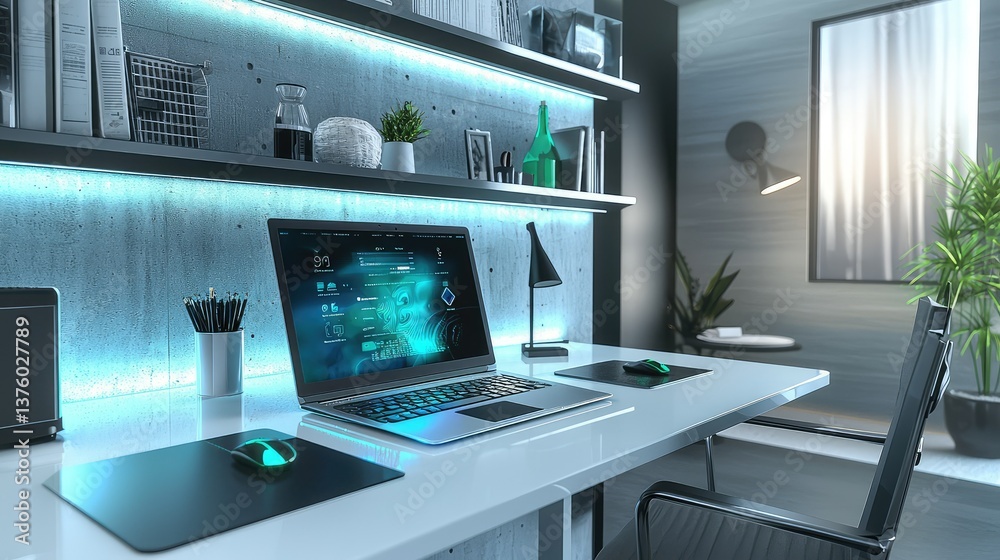 A futuristic home office with a laptop featuring a chroma key display, ergonomic accessories, and a modern aesthetic. A futuristic home office with a laptop featuring a chroma key display, ergonomic accessories, and a modern aesthetic.