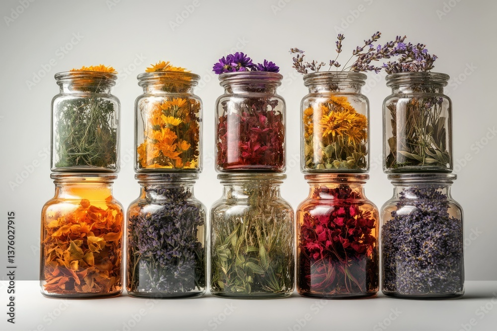 Ten glass jars arranged with colorful flowers and herbs in vertical pairs against a white background, beautifully presented for botanical display.