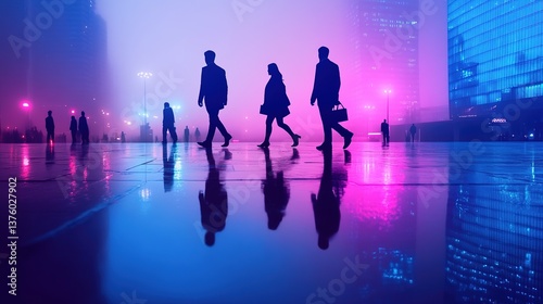 Futuristic Business Landscape: Elite Silhouettes Against Urban Night Skyline with High-Tech Transportation. Abstract Marketing Background Featuring Blue-Purple Gradient, Emphasizing Innovation in Logi
