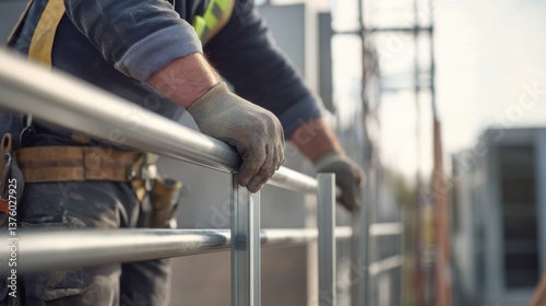A construction worker securing a metal railing at a job site. Featuring attention to detail and safety