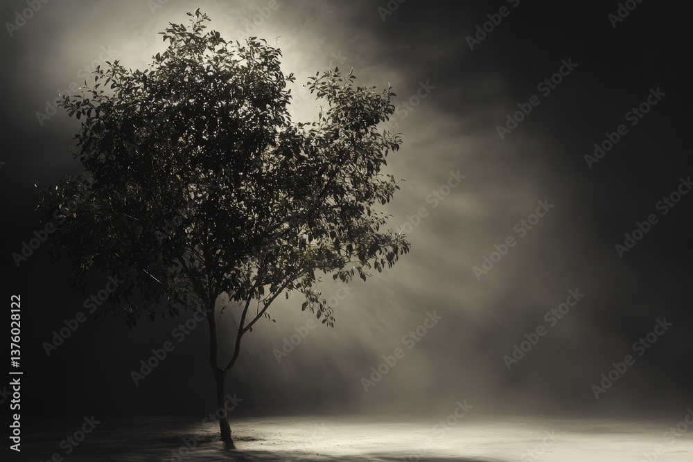 Obraz premium A solitary tree emerges from the surrounding hazy darkness