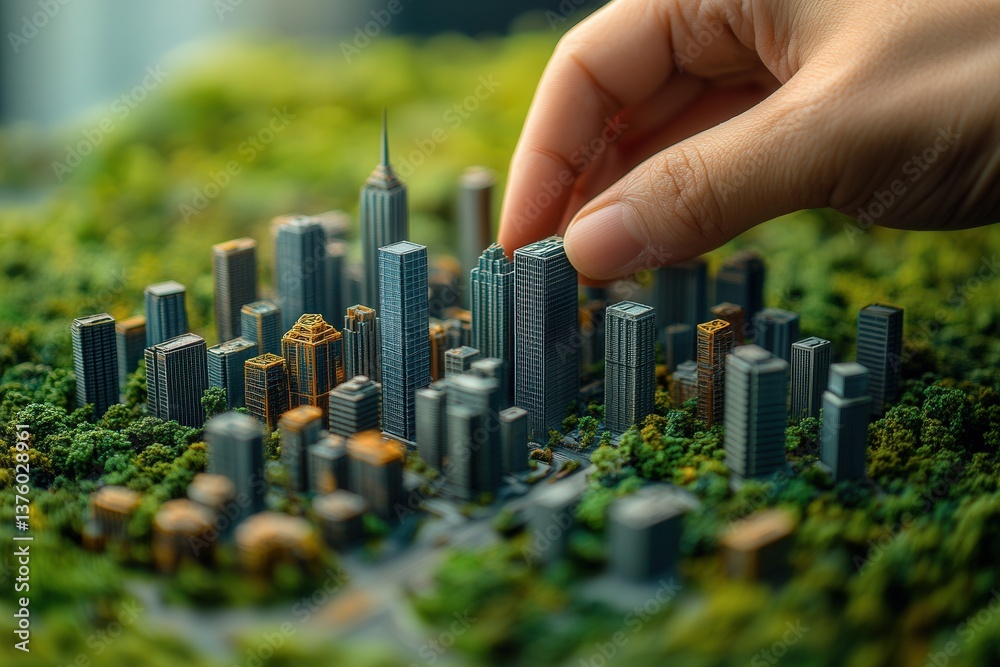 Hand arranging a detailed miniature cityscape model with skyscrapers, surrounded by lush greenery. Hand arranging a detailed miniature cityscape model with skyscrapers, surrounded by lush greenery.
