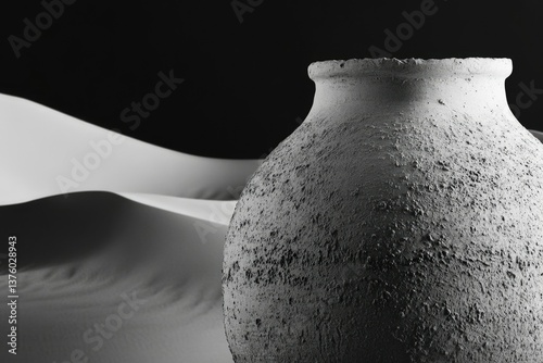 Monochromatic still life featuring a textured vase with sand dunes in the background, presented in a minimalistic and artistic composition. photo
