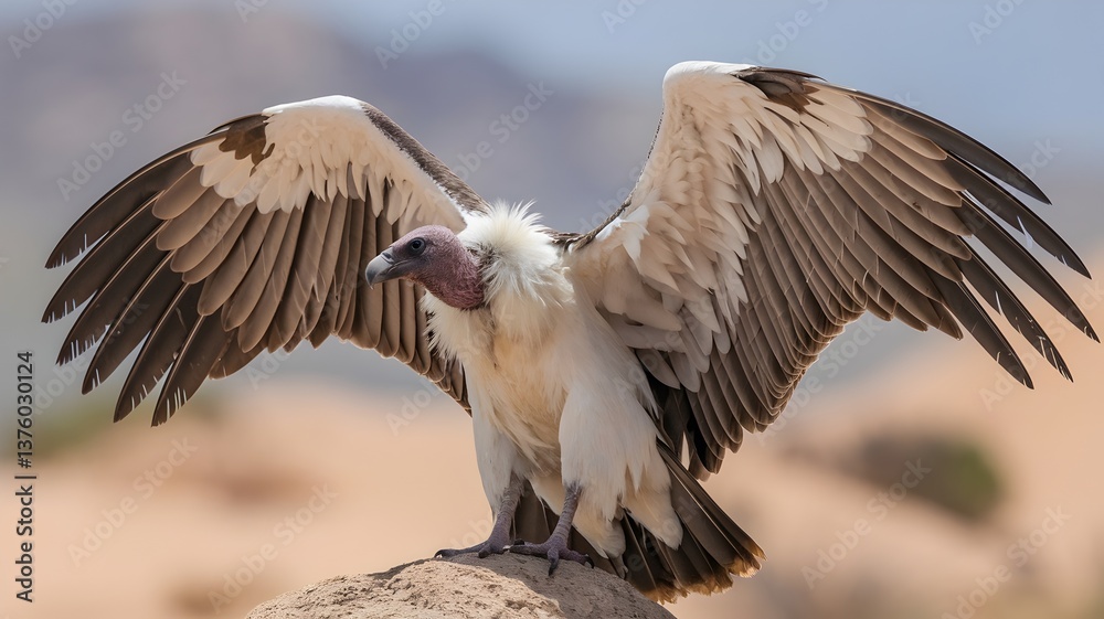 Vulture Standing on a Rock with Wings Fully Spread in Desert Landscape Vulture Standing on a Rock with Wings Fully Spread in Desert Landscape