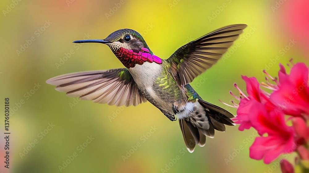 Fototapeta premium Hummingbird in Mid-Flight Sipping Nectar from Red Flower with Iridescent Green and Purple Feathers