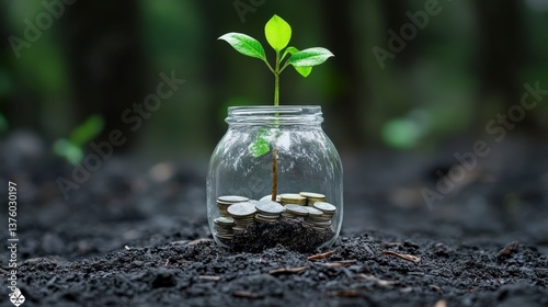 Wallpaper Mural A small plant sprouts from a glass jar filled with coins, sitting on dark soil against a blurred forest background. The image symbolizes growth, investment, and nature. Torontodigital.ca