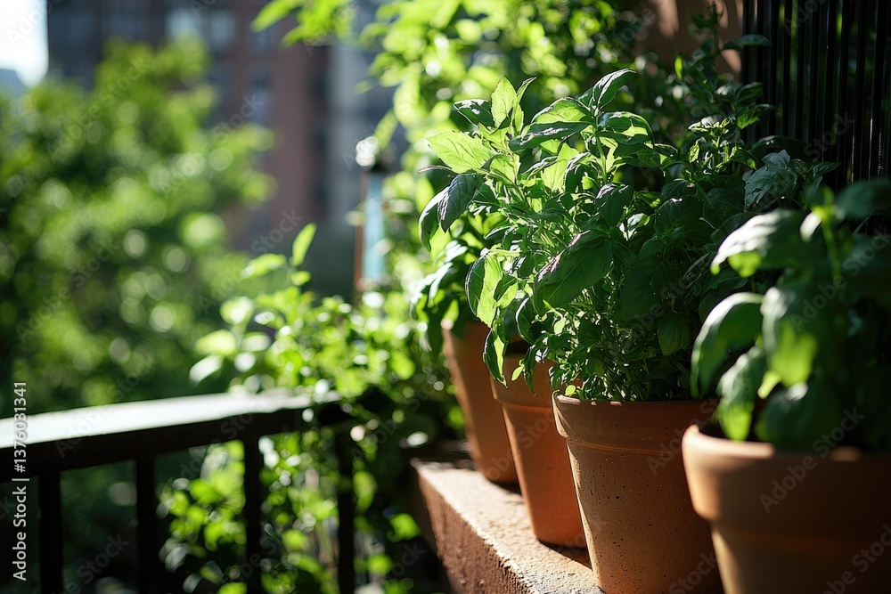 A row of potted basil plants thriving on a sunny urban balcony garden oasis. A row of potted basil plants thriving on a sunny urban balcony garden oasis.