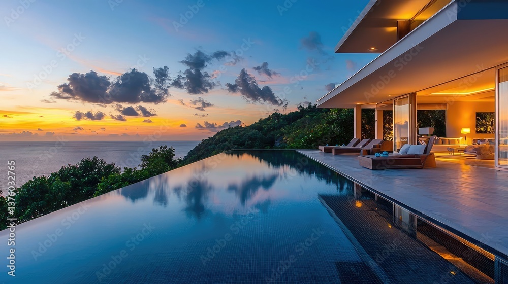 Fototapeta premium A glamorous villa with a wraparound infinity pool, reflecting the beautiful ocean and sky as the sun sets in the distance.
