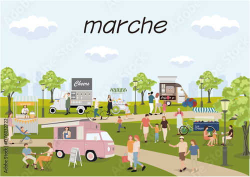 マルシェイラスト、キッチンカー、家族、