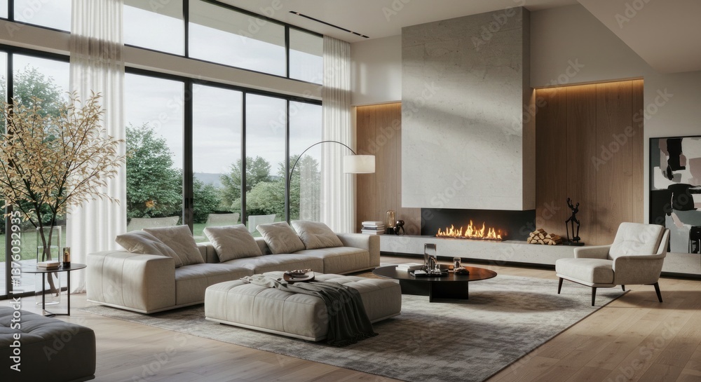 Modern Living Room Interior Design with Fireplace and Large Windows Modern Living Room Interior Design with Fireplace and Large Windows