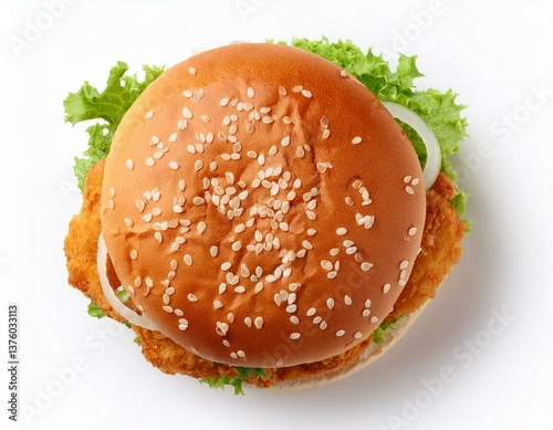  chicken burger top view full length isolated on white background