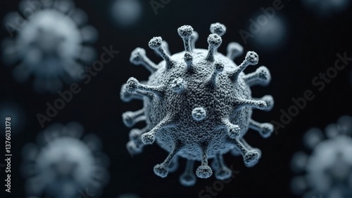 A highly magnified representation of a virus particle, highlighting its surface structure and spikes against a dark backdrop, showcasing the intricacies of viral forms and textures.