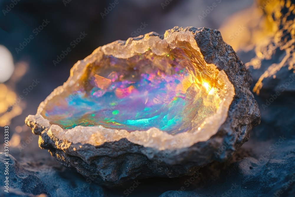 Fototapeta premium A geode reveals a stunning iridescent interior with shimmering blues, pinks, and gold, nestled within a rocky exterior.