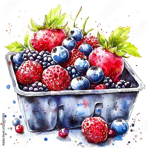 Watercolor Painting of Fresh Strawberries, Blueberries, and Blackberries in a Carton.