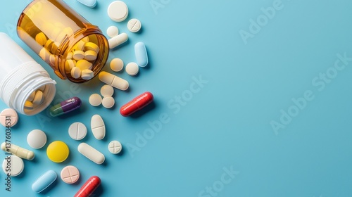 Assorted pills and capsules spilled from medicine bottles on a light blue background providing ample copy space for healthcare or pharmaceutical advertising.