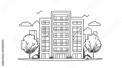 vector modern cityscape with high-rise buildings and trees