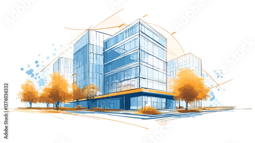 vector modern cityscape with high-rise buildings and trees