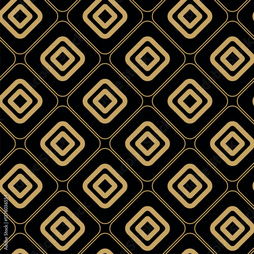 Abstract geometric pattern with crosses, stripes, lines. Seamless vector background. Black and gold ornament. Modern reticulated graphic design.