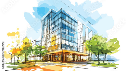 vector modern cityscape with high-rise buildings and trees