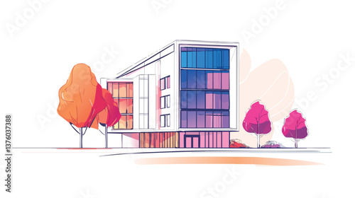 vector modern cityscape with high-rise buildings and trees