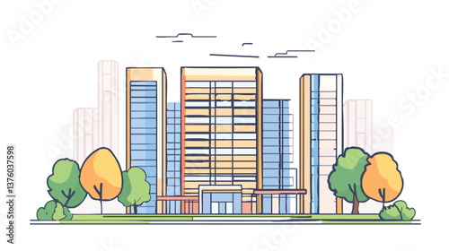 vector modern cityscape with high-rise buildings and trees