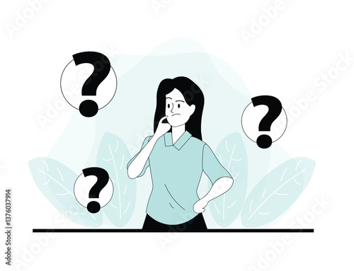 woman who is confused with question marks around her. a woman wearing blue clothes who is confused