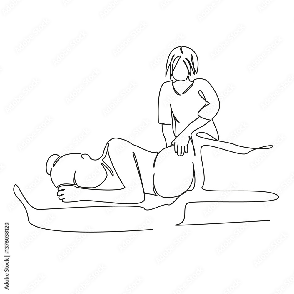 One continuous single drawing line art flat doodle pregnant, relaxation, woman, lifestyle, doctor, abdomen, massage therapist. Isolated image hand draw contour on a white background, hand drawn, not A One continuous single drawing line art flat doodle pregnant, relaxation, woman, lifestyle, doctor, abdomen, massage therapist. Isolated image hand draw contour on a white background, hand drawn, not A