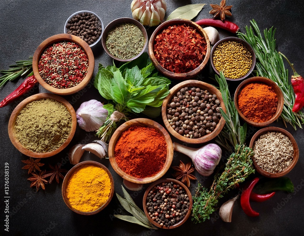 Fototapeta premium Colourful various herbs and spices for cooking on dark background