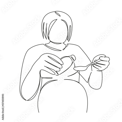 One continuous single drawing line art flat doodle pregnant, health, medicine, cough syrup, medicine, disease. Isolated image hand draw contour on a white background, hand drawn, not AI
