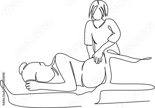 One continuous single drawing line art flat doodle pregnant, relaxation, woman, lifestyle, doctor, abdomen, massage therapist. Isolated image hand draw contour on a white background, hand drawn, not A