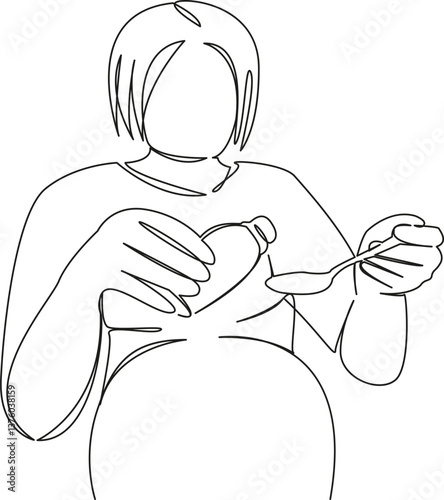 One continuous single drawing line art flat doodle pregnant, health, medicine, cough syrup, medicine, disease. Isolated image hand draw contour on a white background, hand drawn, not AI
