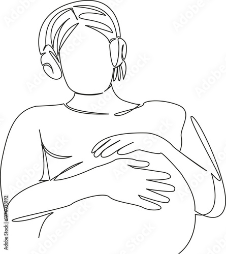 One continuous single drawing line art flat doodle mother, earphones, music, pregnant, woman, listening, pregnancy, sound, relaxation. Isolated image hand draw contour on a white background, hand draw