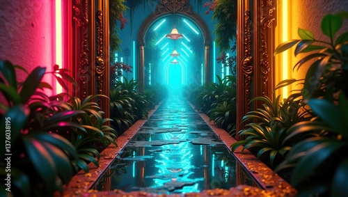 A stunning hallway with vibrant neon lights, decorated with plants and an antique design, creates an immersive atmosphere. The lights cast colorful reflections on the floor, producing a magical scene